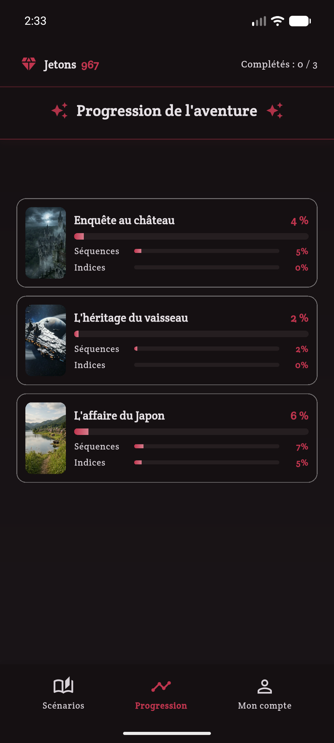 Progression des scénarios