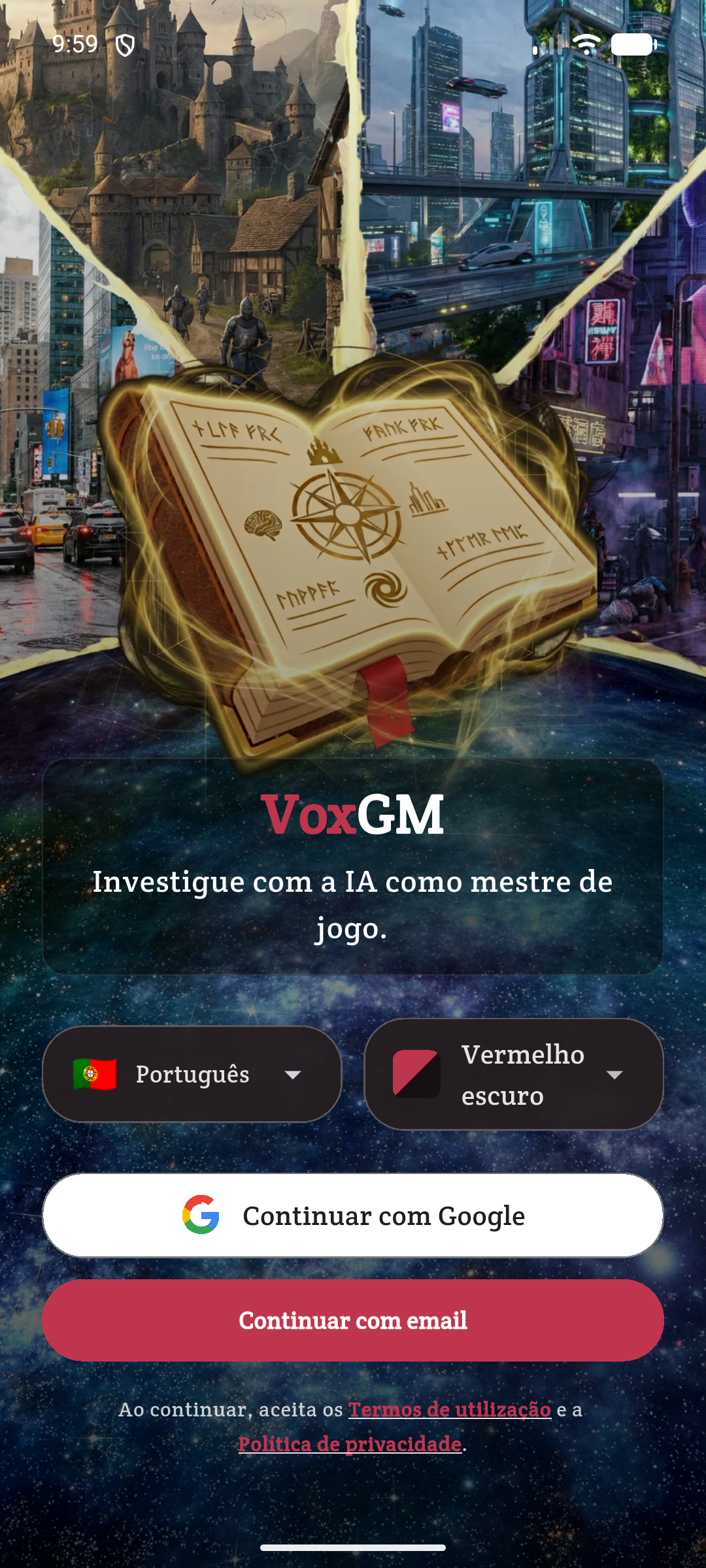 Boas-vindas — idioma e login